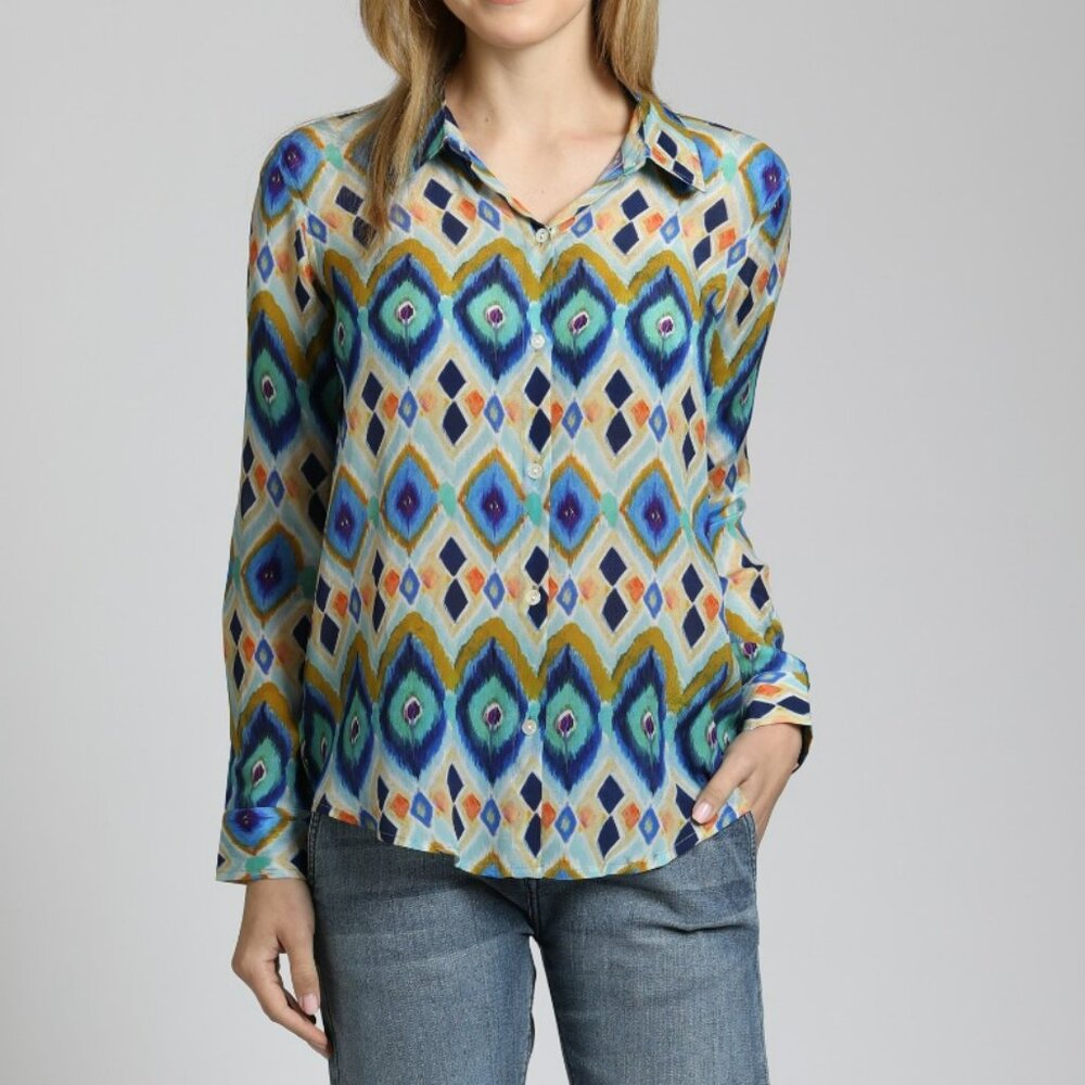 NWT APNY Colorful Geometric Stripe - Button Up With Roll Up Sleeve
